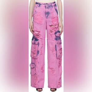GCDS Pink Bleached distressed Denim Cargo Pants